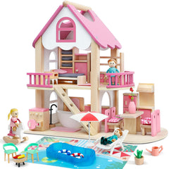 Atoylink pink wooden dollhouse with four rooms offers imaginative play space and hands-on learning opportunities.