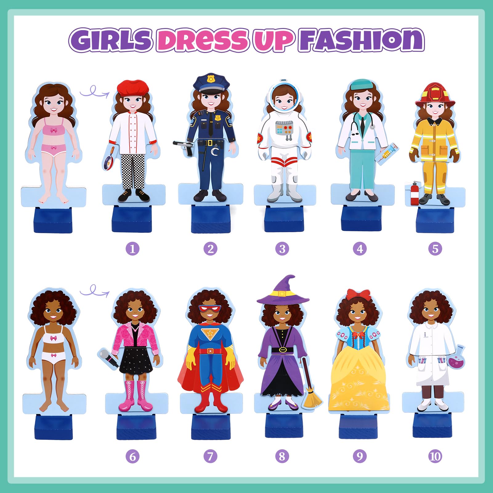 Over 30 magnetic outfits across 10 styles for creative mix and match.
