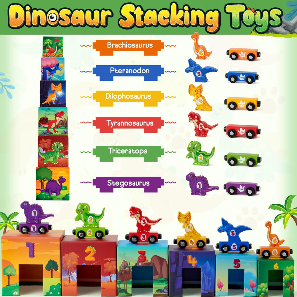 Atoylink nesting boxes with dinosaur scenes for tidy storage and imaginative play.