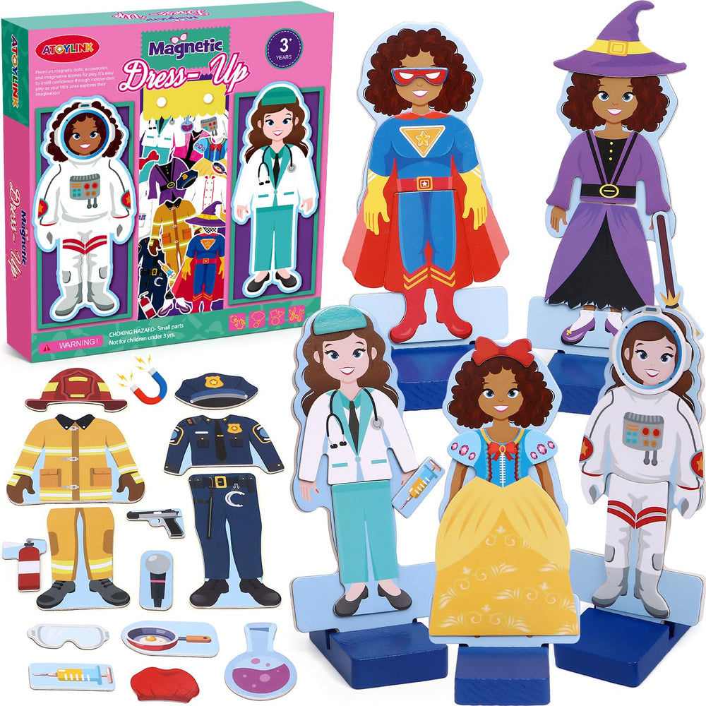 Atoylink wooden magnetic dress up dolls with two stands ready for imaginative play and display.