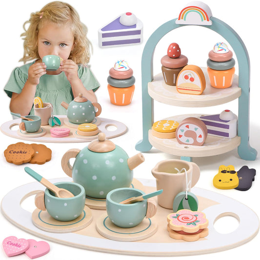Atoylink wooden tea set with cupcake stand inspires imaginative tea party play