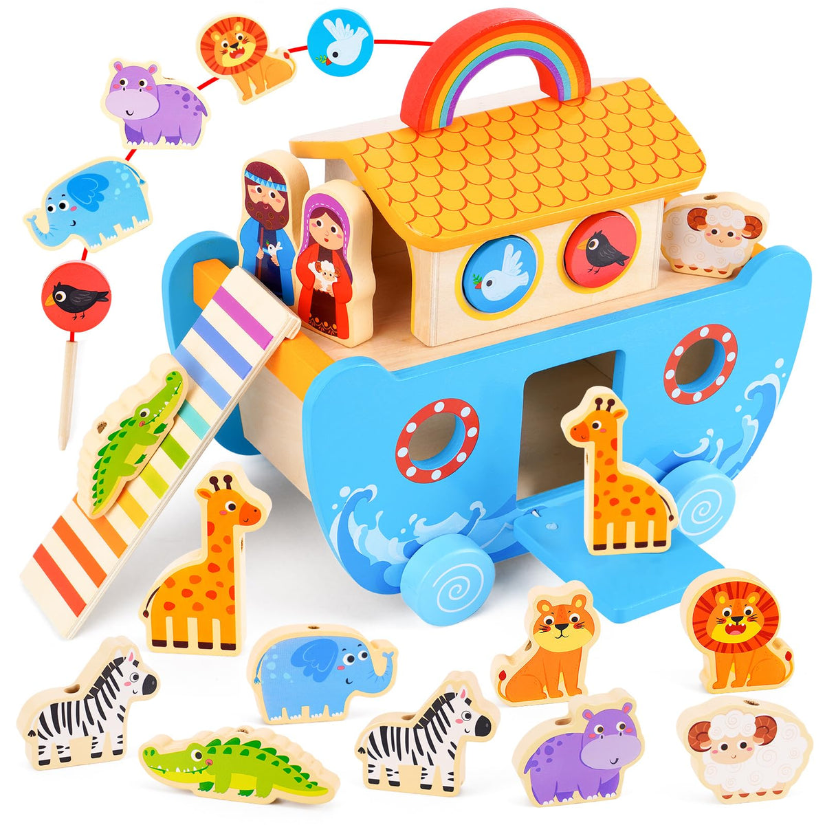 ATOYUS Noah's Ark wooden ark with animal figures for imaginative play and early learning.