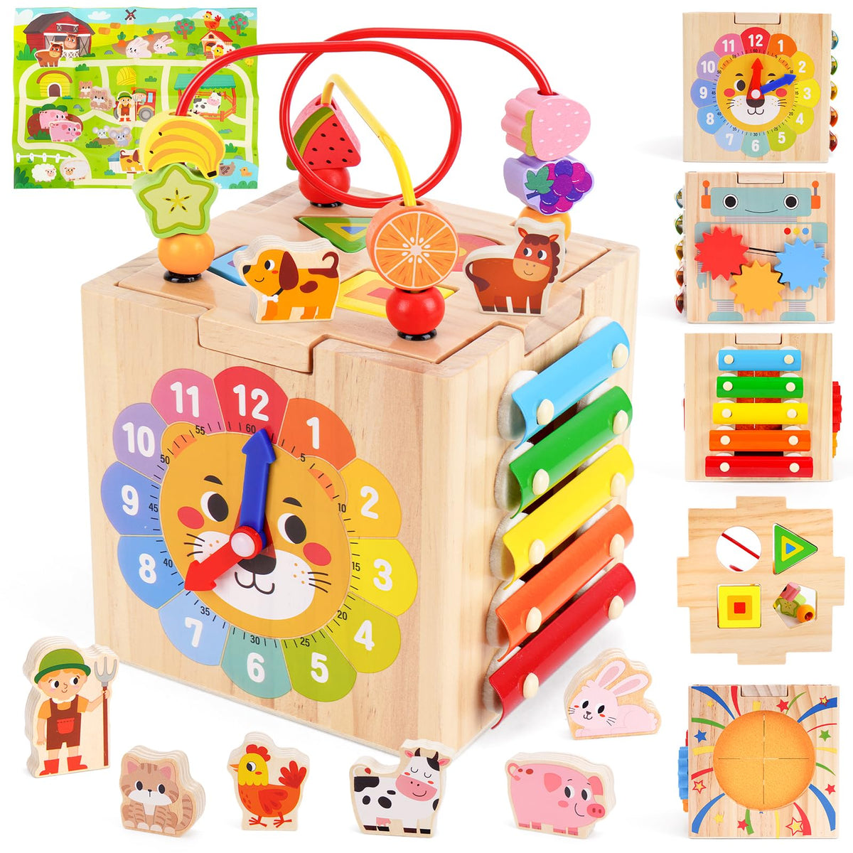 ATOYUS Toddler Wooden Activity Cube map matching enhances problem-solving and cognitive play.