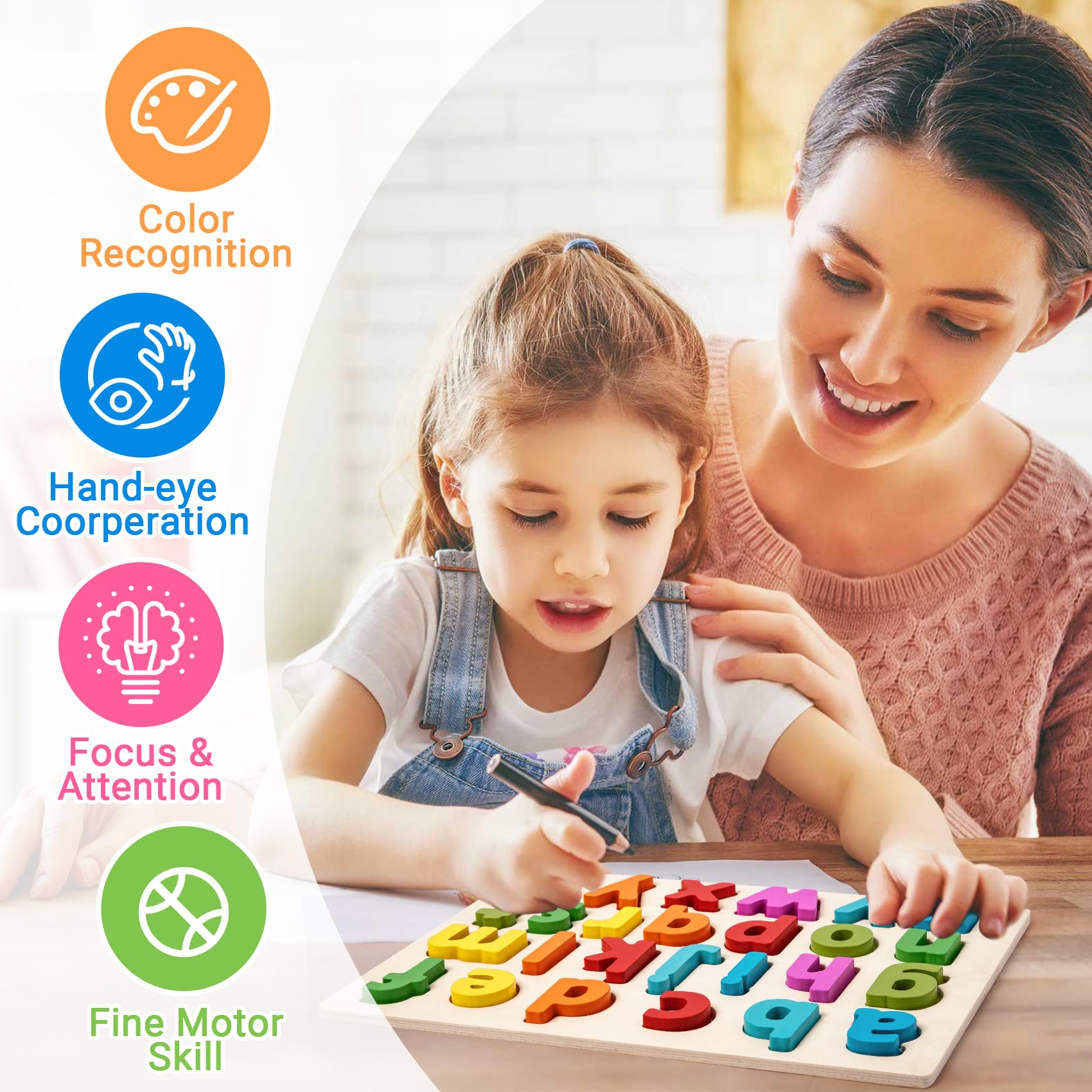 Attmu wooden puzzle with vivid colors to stimulate tactile learning.