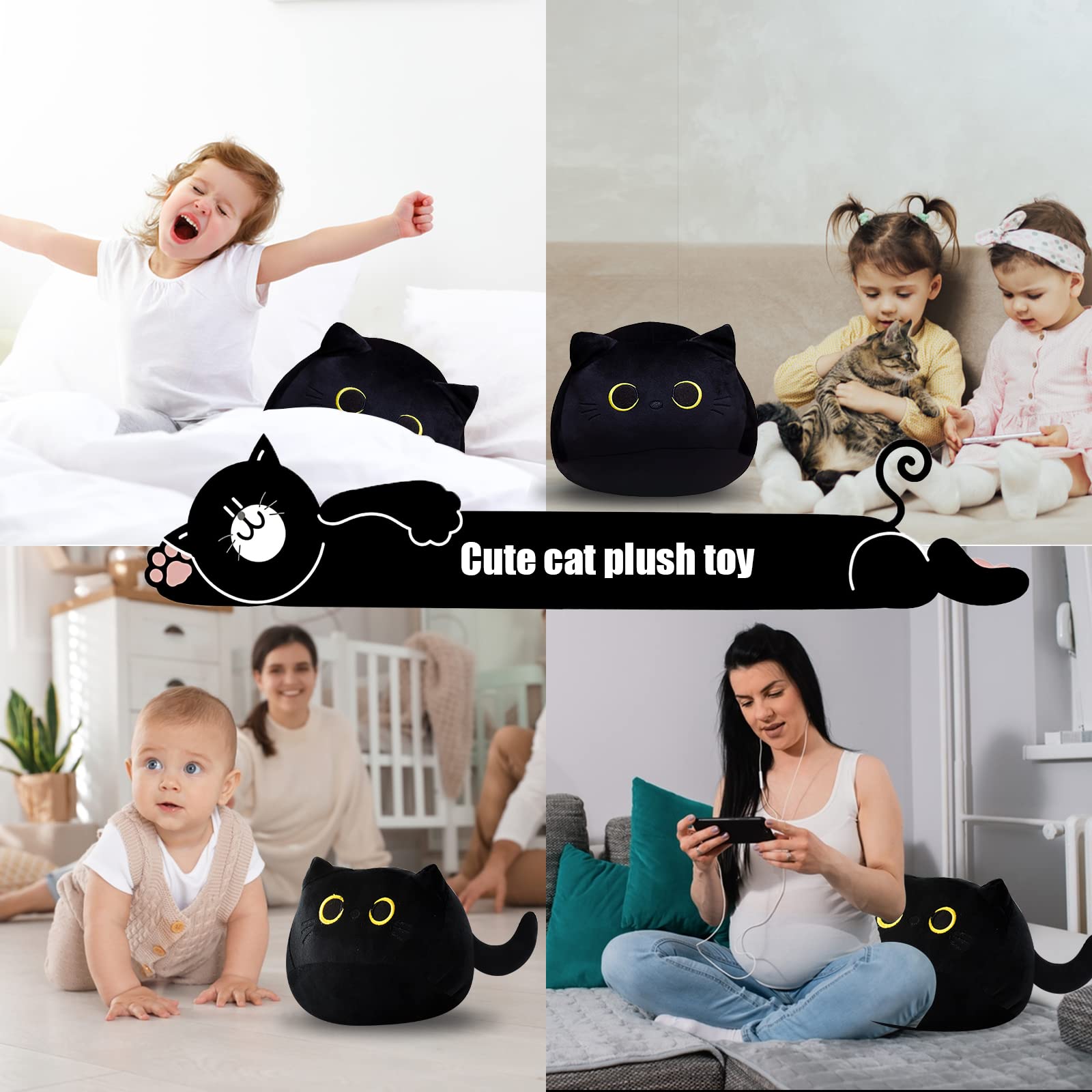 AudeRhine black cat plush toy with durable filling for daily hugs