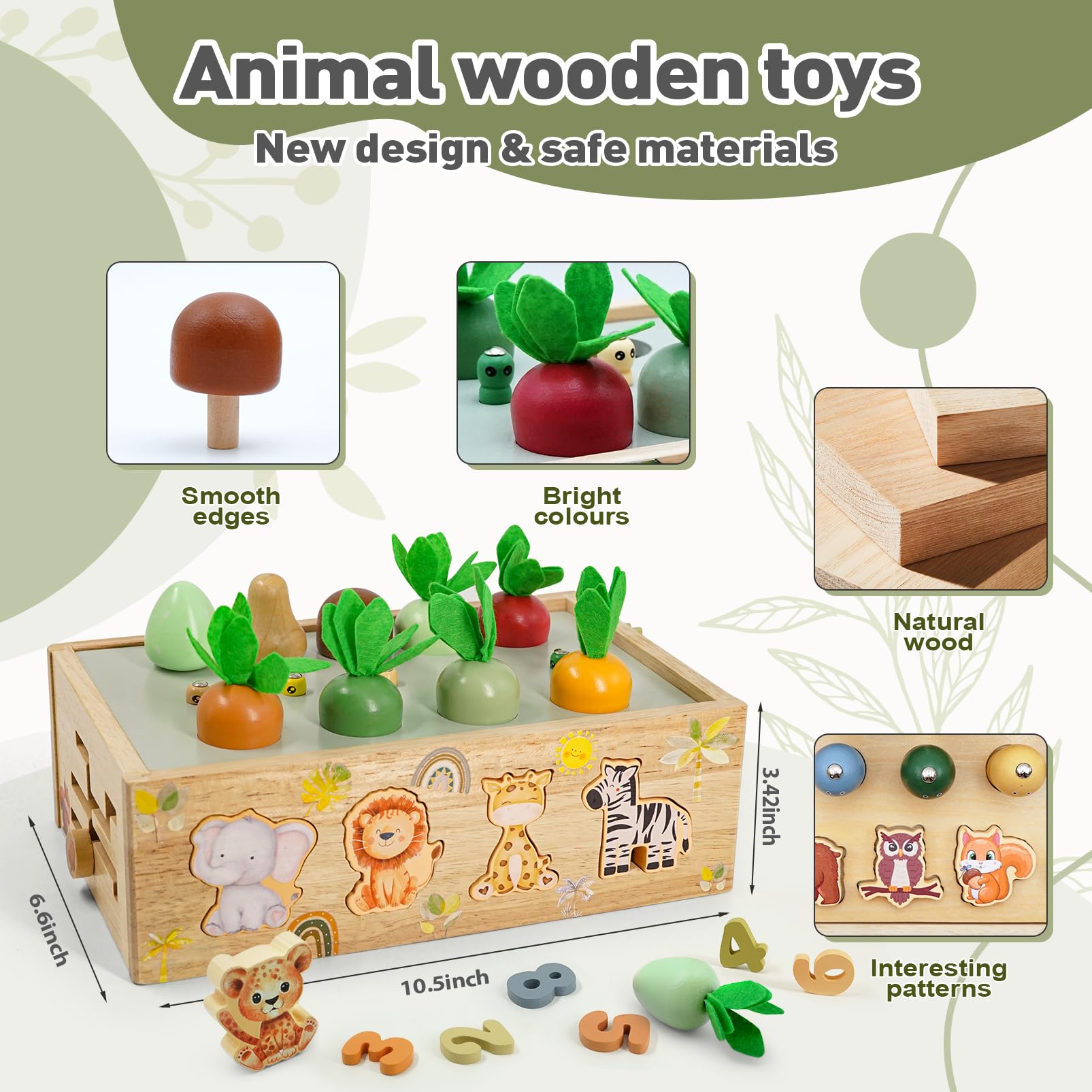Auezona wooden mushrooms aid shape recognition and sorting activity.