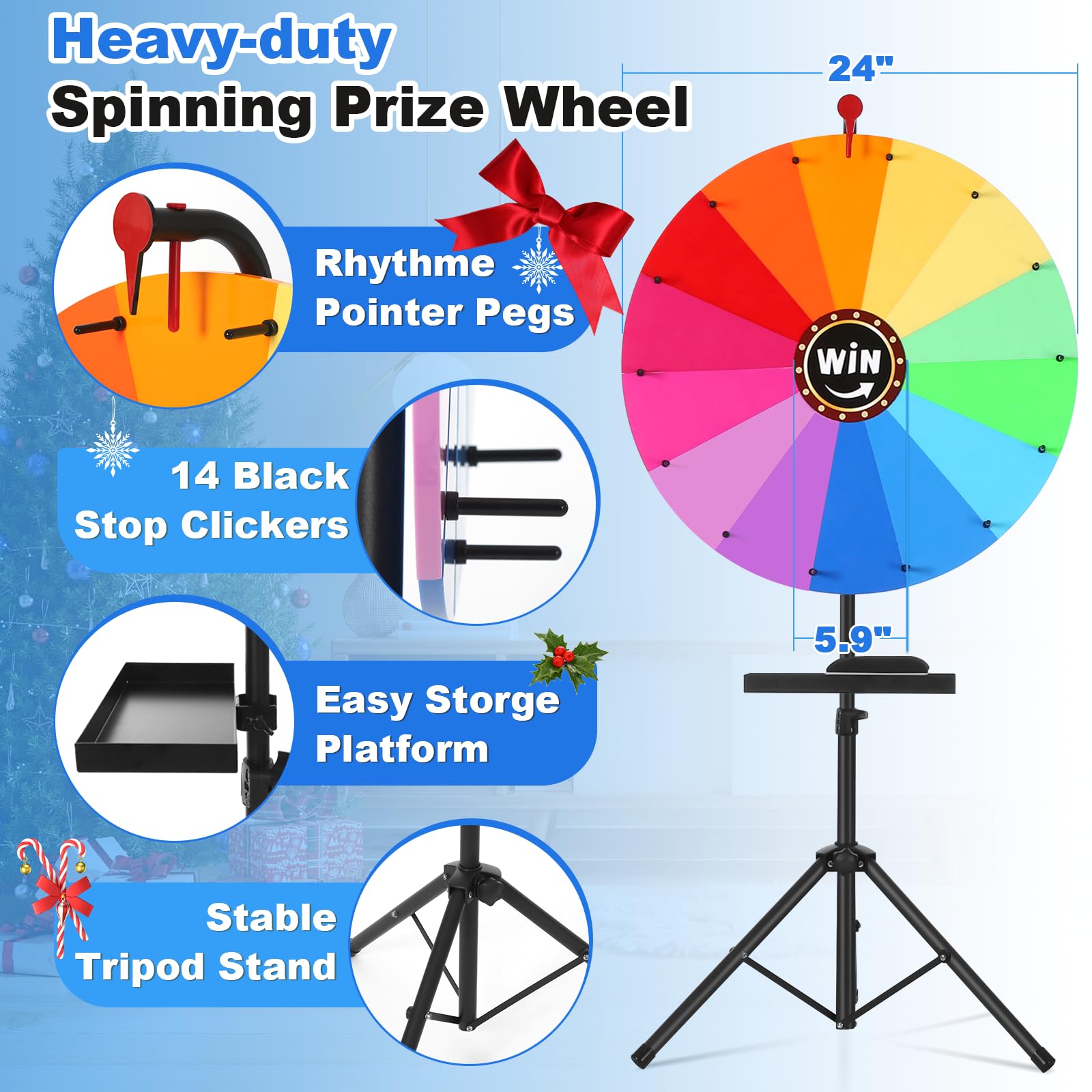 AugFir prize wheel stand showing the 37-65 inch height range.
