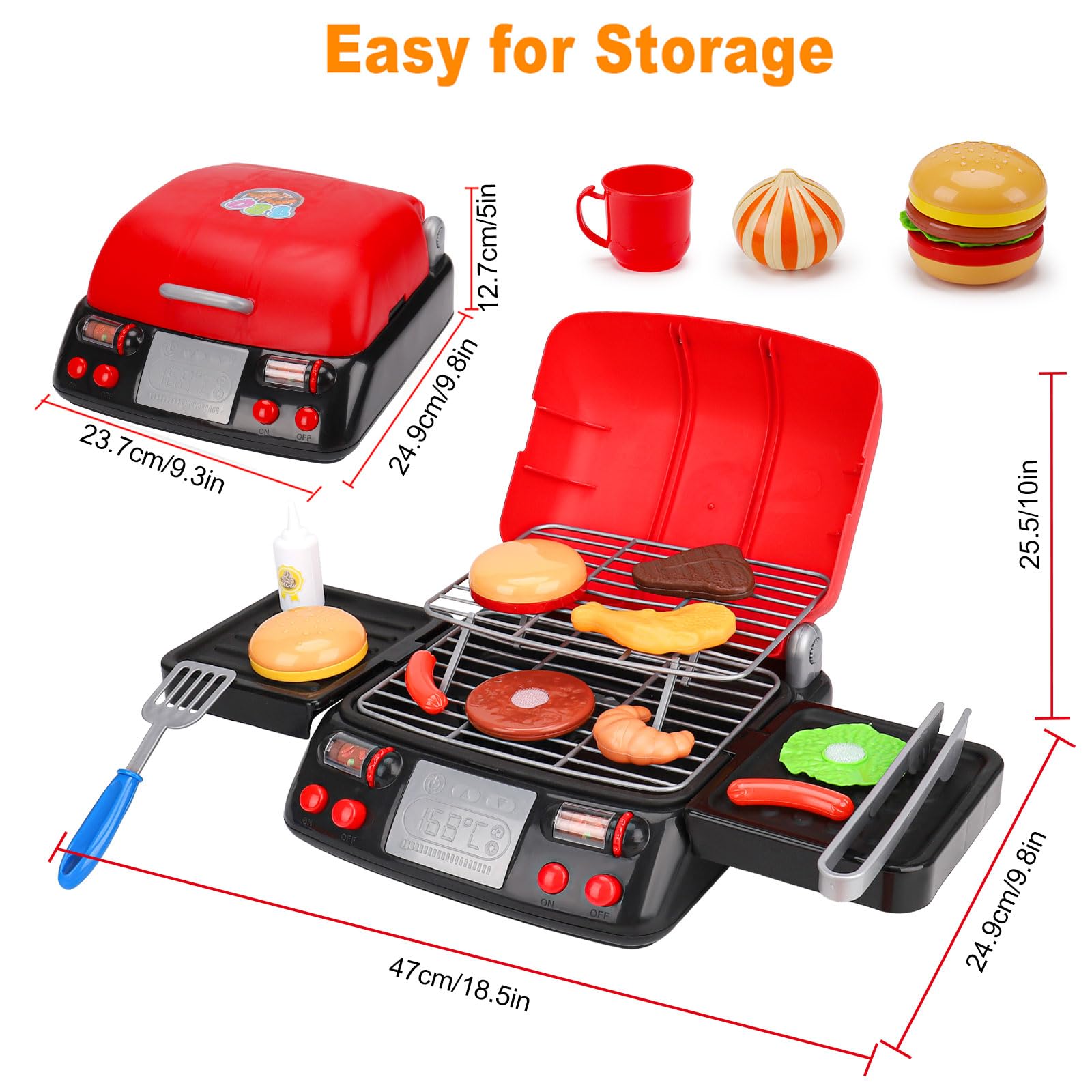 AugToy 7-piece grill set includes food pieces for imaginative meals and role-play.