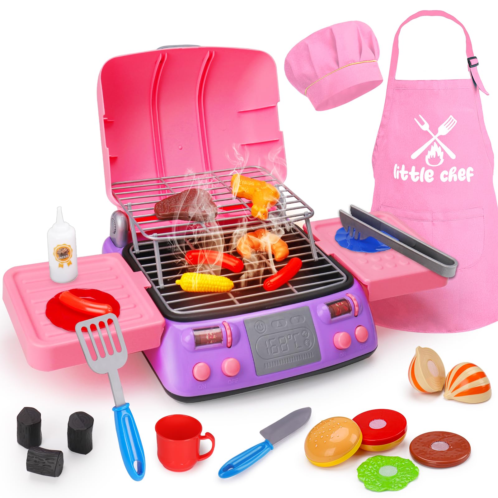 AugToy Kids BBQ Grill Playset with pink apron and hat for immersive pretend cooking.