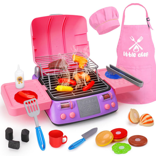 AugToy Kids BBQ Grill Playset with pink apron and hat for immersive pretend cooking.