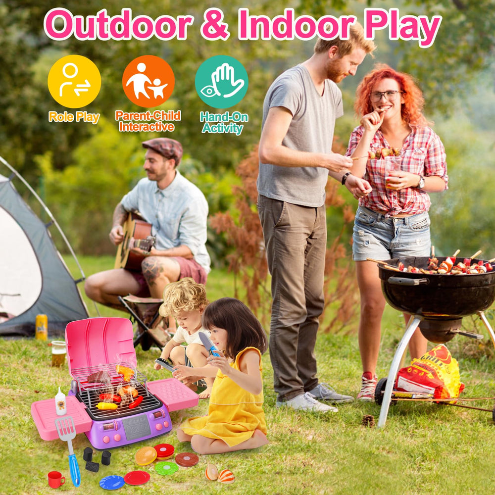 AugToy pink kitchen tools with tongs and spatula for pretend grilling.