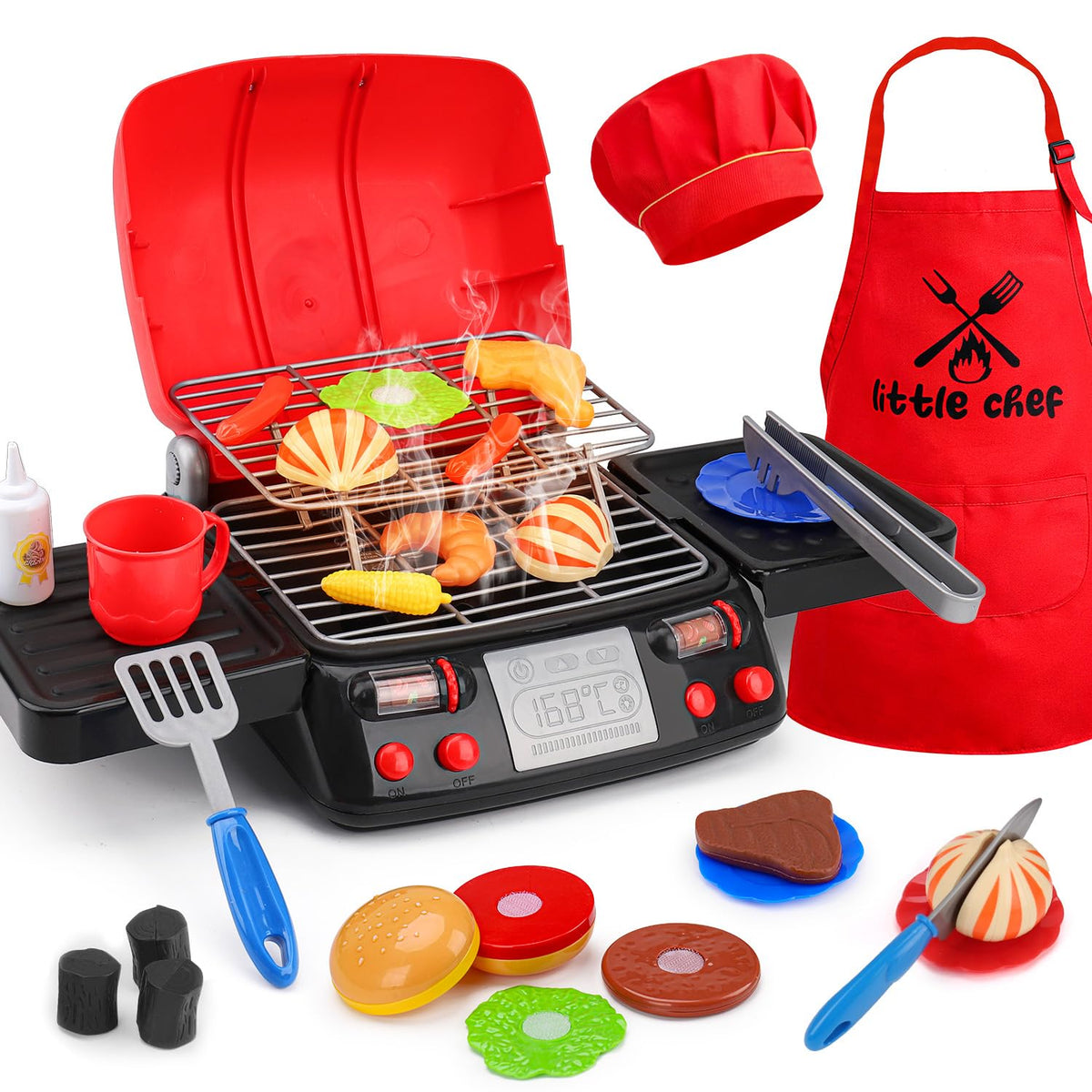 AugToy Kids Grill Playset with apron hat promotes safe imaginative outdoor cooking.