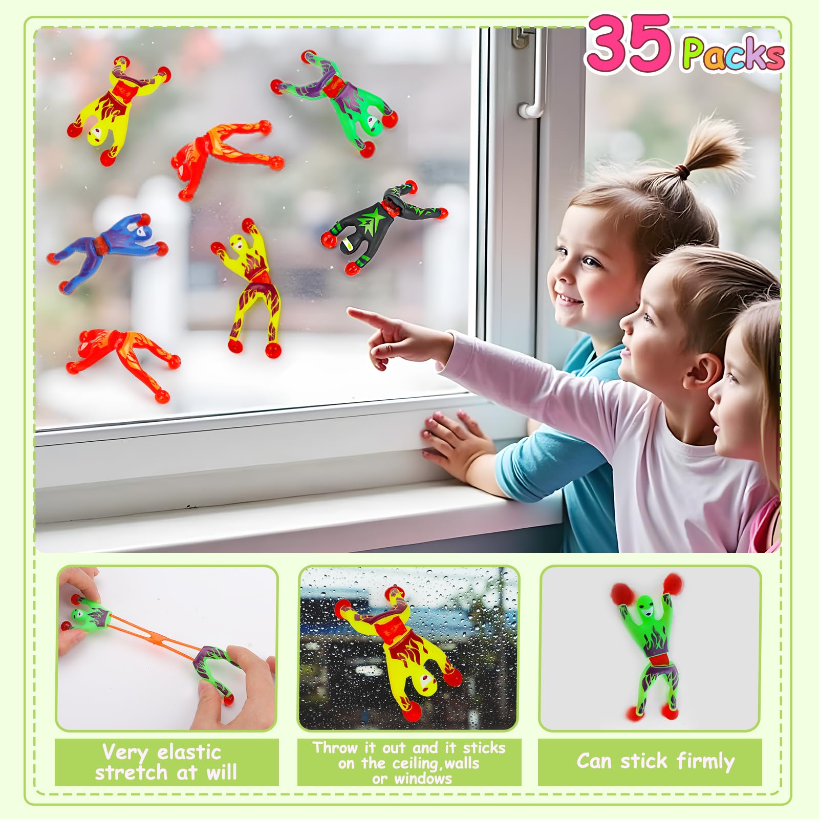 AugToy sticky ninjas on wall closeup, kids squeeze and watch ninjas slide