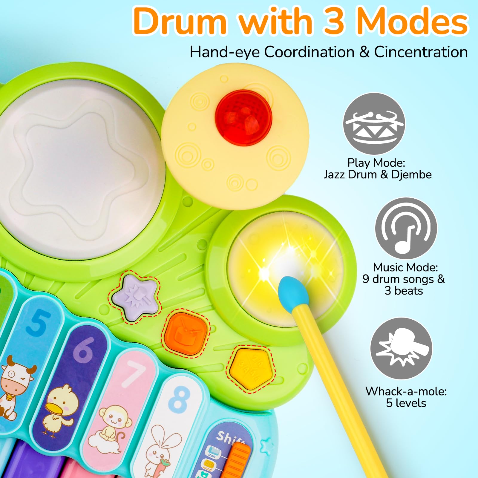 AugToy button toy promotes tactile exploration and cause-and-effect learning.