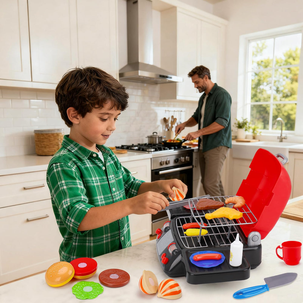 AugToy durable plastic grill set is easy to assemble, store, and wipe clean after play.