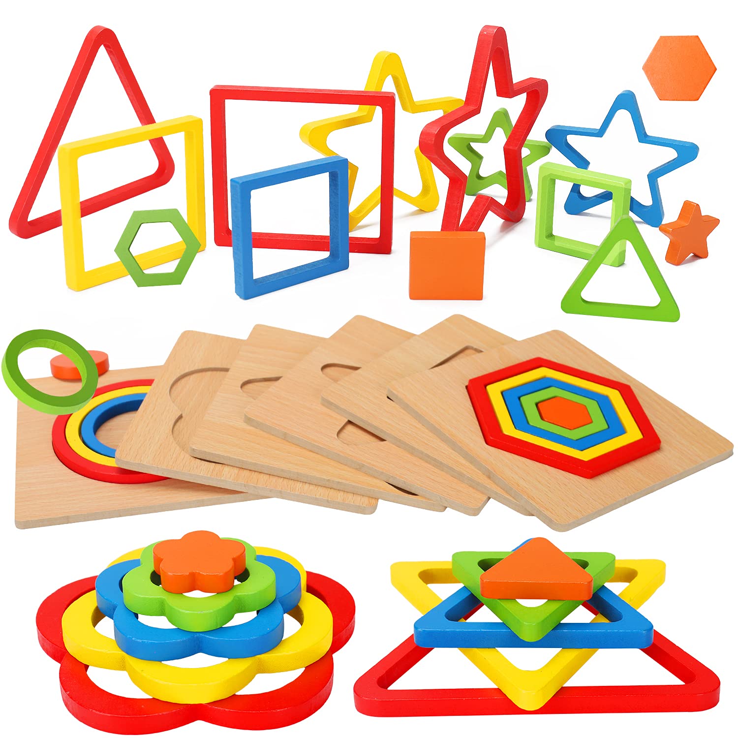 AugToy toddler puzzles wooden shapes board promotes shape recognition and fine motor skills.