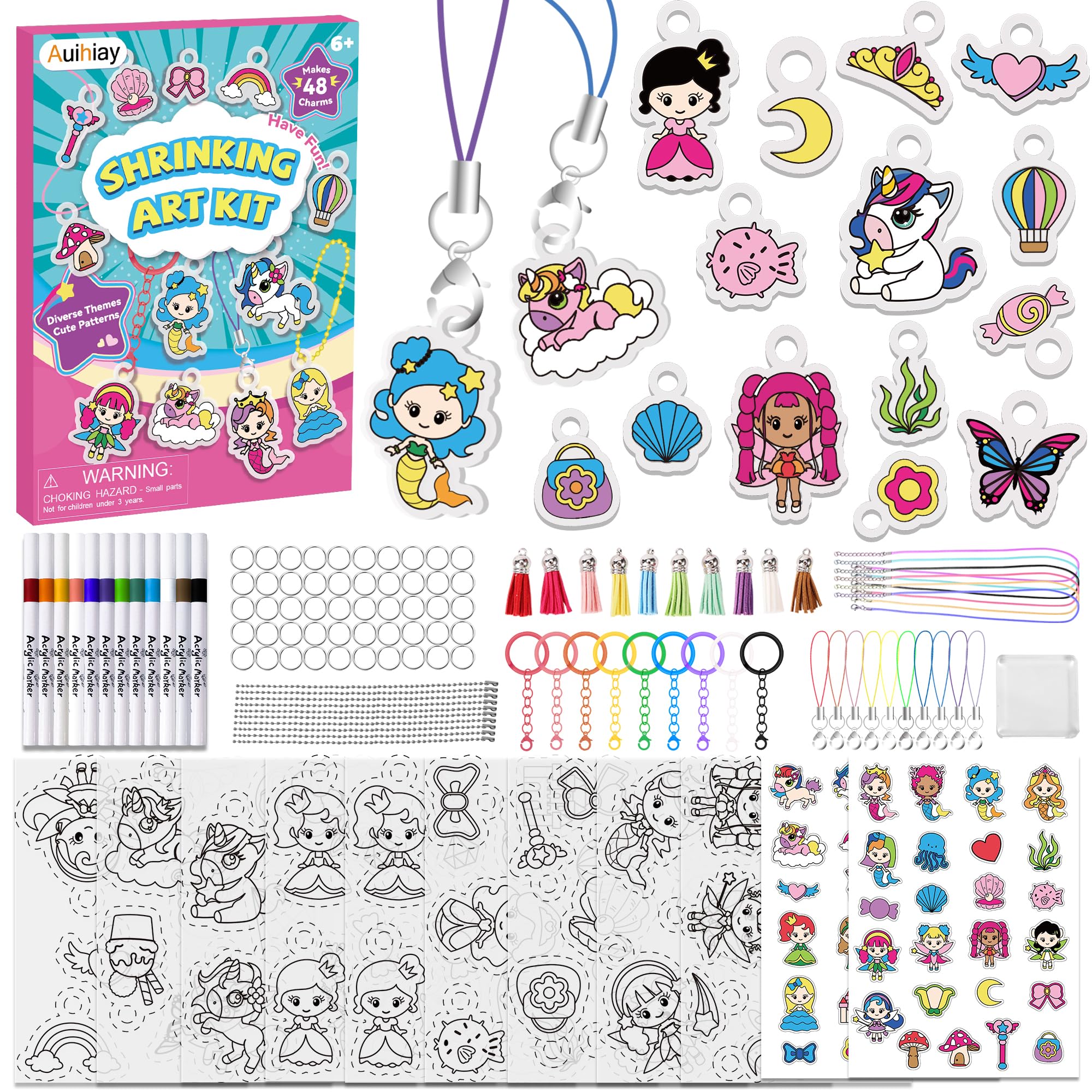 Auihiay shrink kit with unicorn and mermaid charms for kids' crafts.