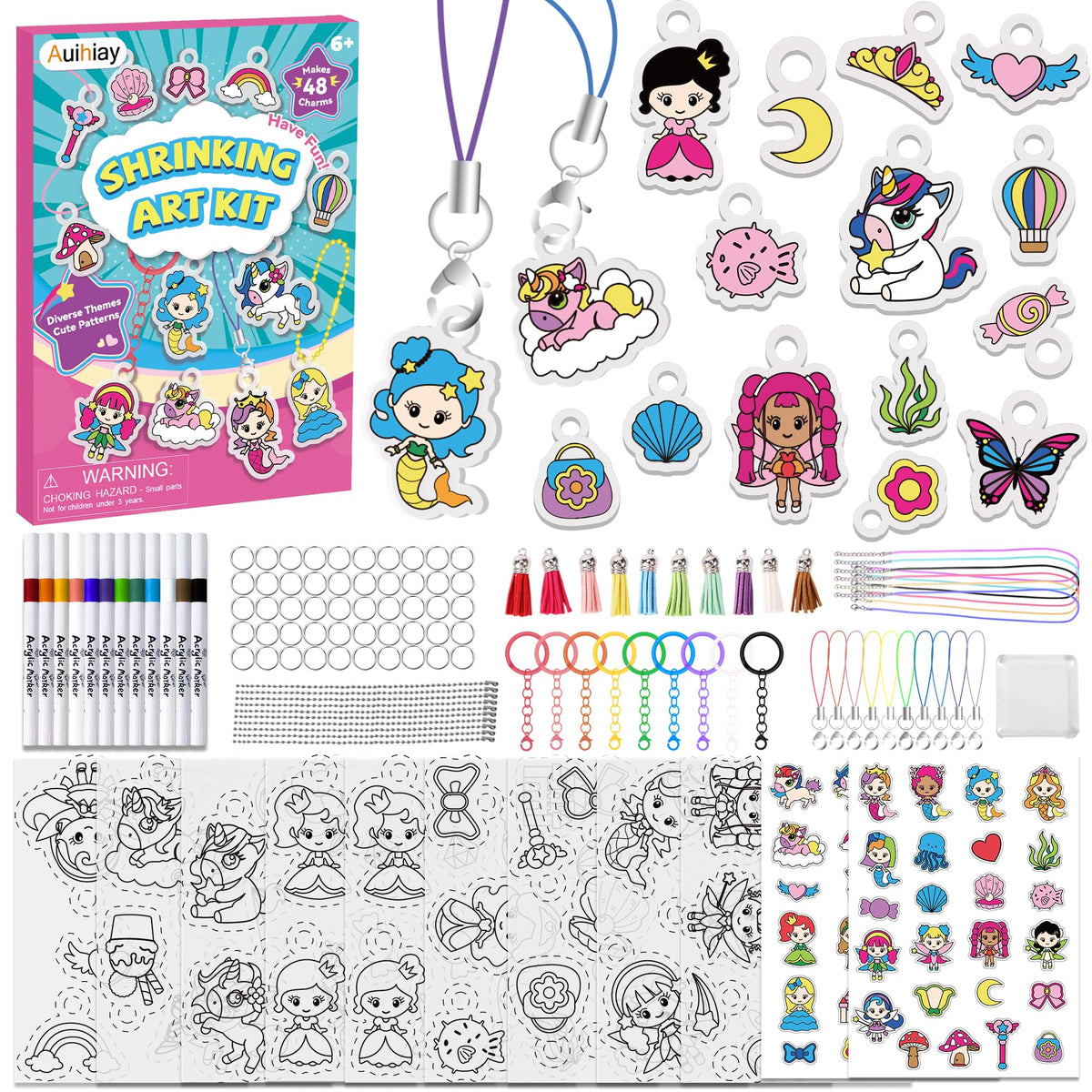Auihiay shrink kit with unicorn and mermaid charms for kids' crafts.