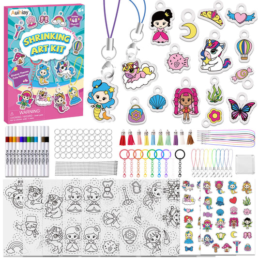 Auihiay shrink kit with unicorn and mermaid charms for kids' crafts.