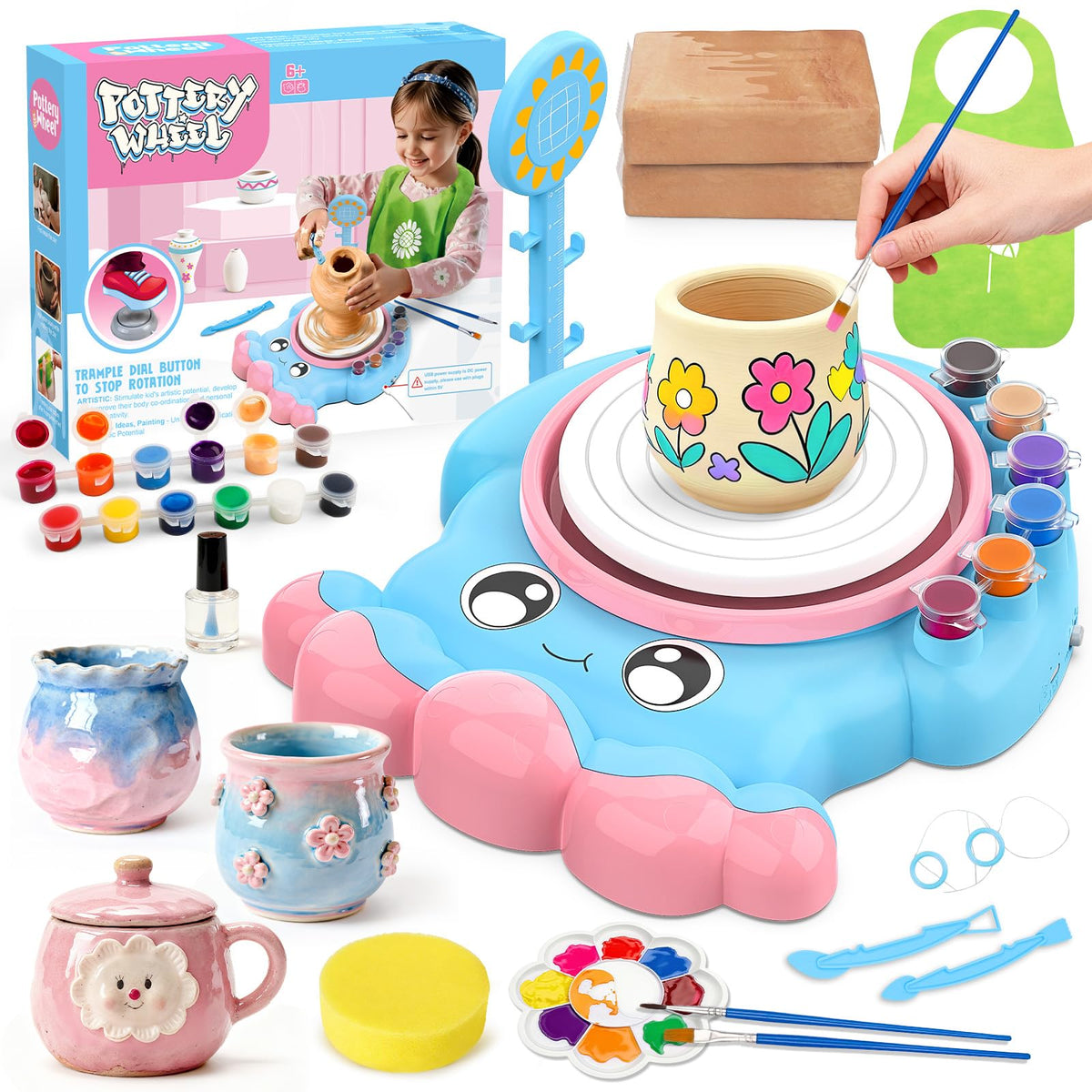 Aujazyble pottery wheel for kids in blue, enabling creative play and hand-eye coordination.