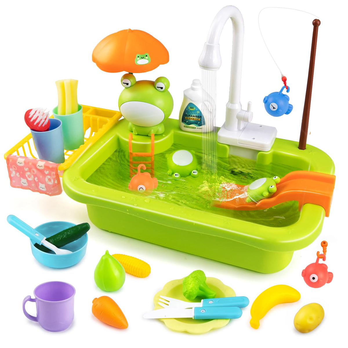 Aukful Play Sink with running water faucet promotes real kitchen play and hand-eye coordination.