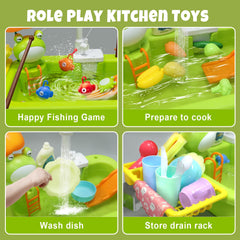 Aukful kitchen sink toy set with plates, cups, and utensils for immersive play.