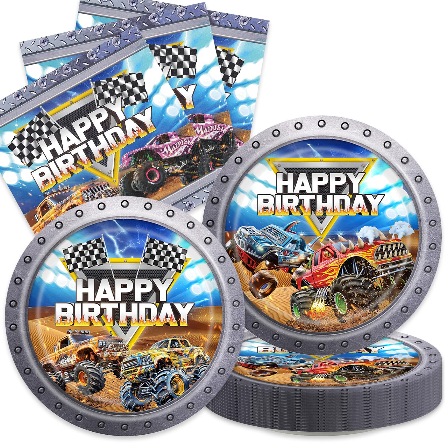 Aulecoo monster truck plates for kids' party, 7-inch size for easy serving
