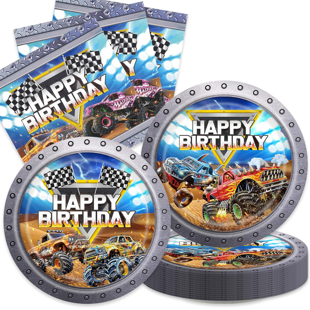 Aulecoo monster truck plates for kids' party, 7-inch size for easy serving