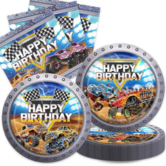 Aulecoo monster truck plates for kids' party, 7-inch size for easy serving