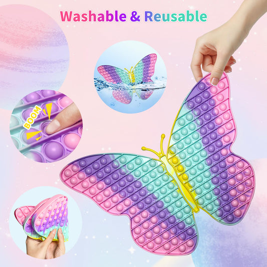 AULOK butterfly pop toy in blue, violet, and rainbow colors.