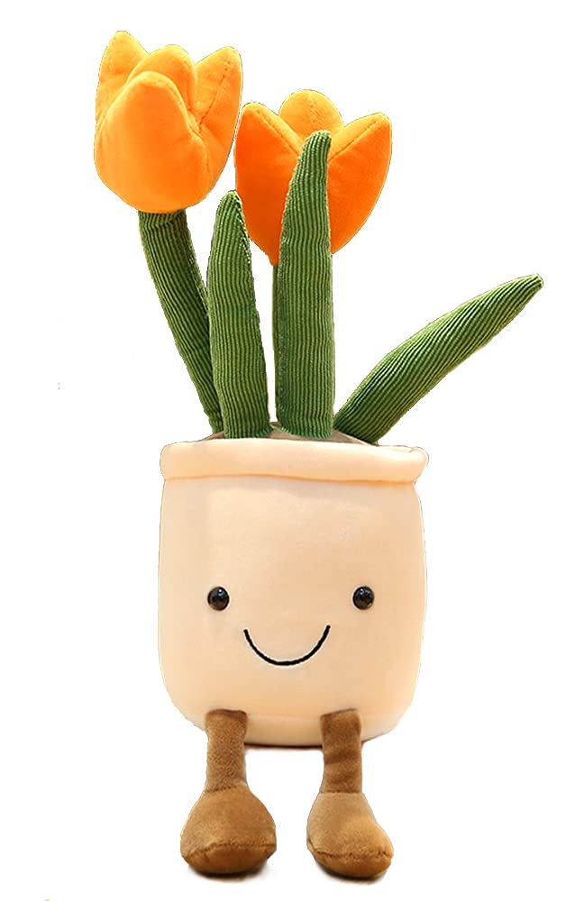AULUDA Tulip Plush Toy in orange flower pot, cozy hug cushion for bedtime
