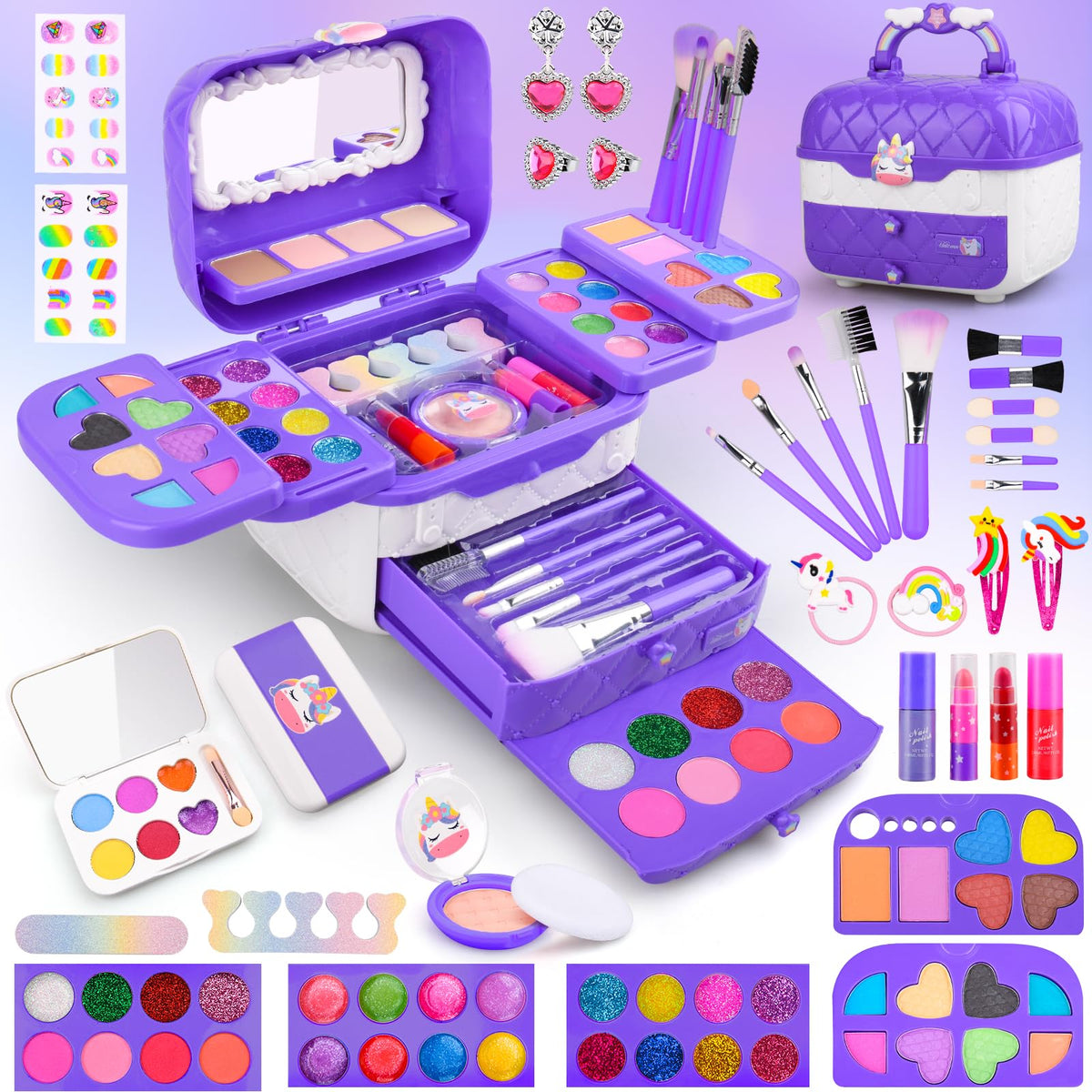 Auney 80-in-1 makeup kit in a purple case for creative pretend play and storage