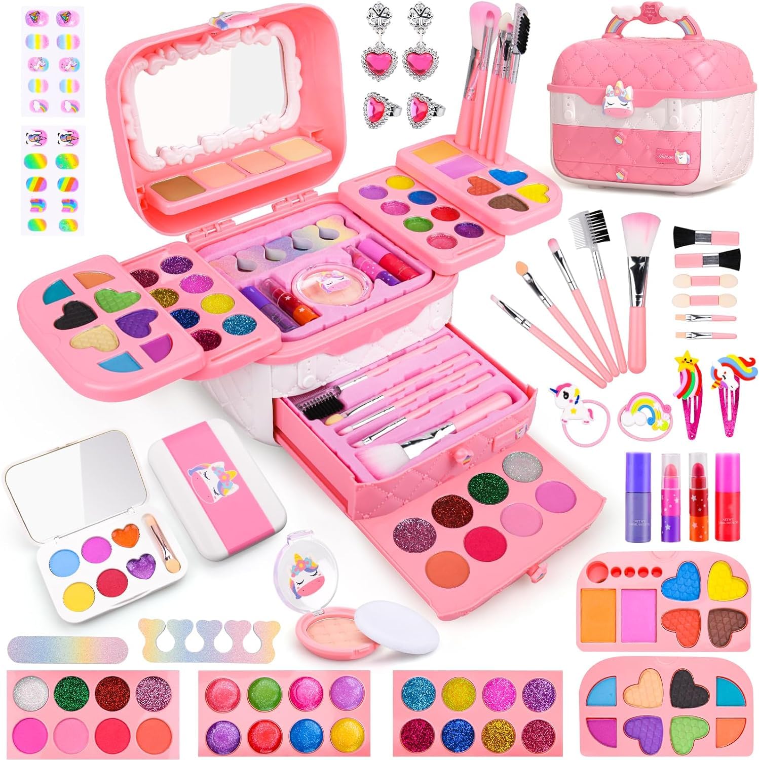 Auney 80‑pc unicorn makeup case for portable pretend play.