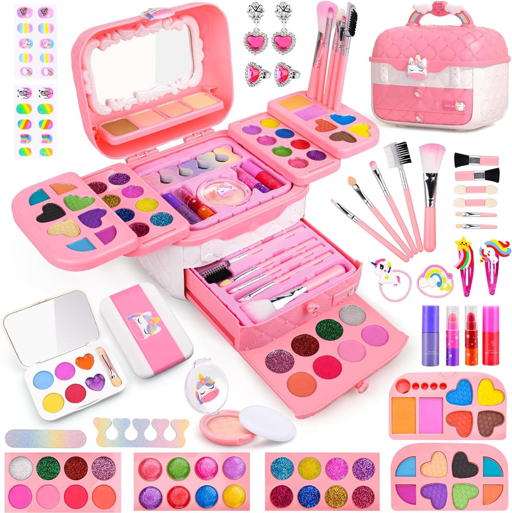 Auney 80‑pc unicorn makeup case for portable pretend play.