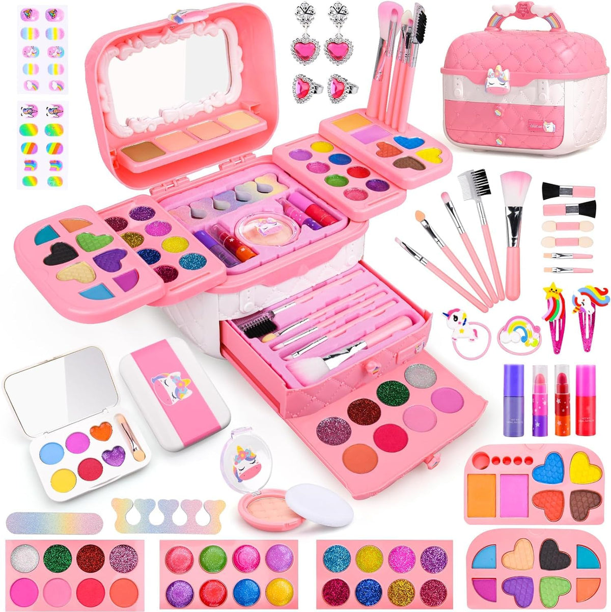 Auney 80‑pc unicorn makeup case for portable pretend play.