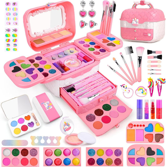 Auney 80‑pc unicorn makeup case for portable pretend play.