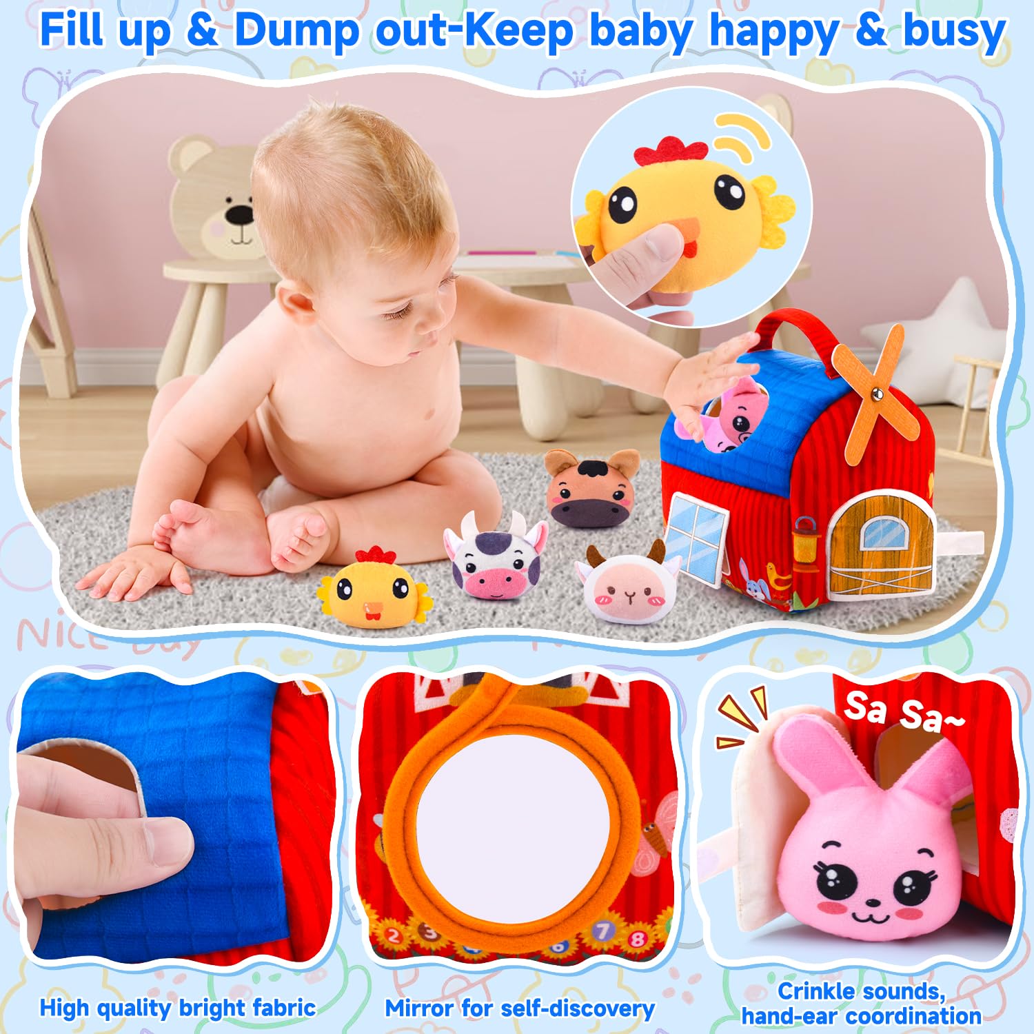 Auney peek-a-boo barn mirror encourages self-recognition during playtime.