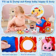 Auney peek-a-boo barn mirror encourages self-recognition during playtime.