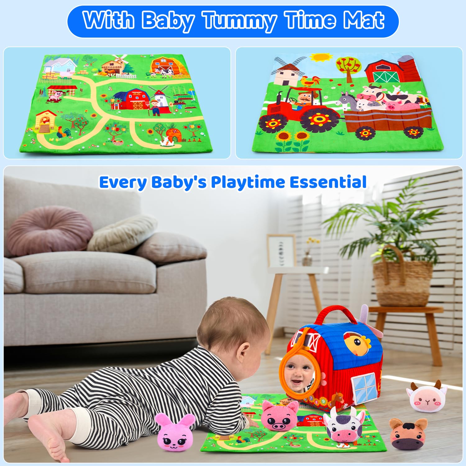 Auney plush animals with crinkle and rattles provide varied textures and sounds.