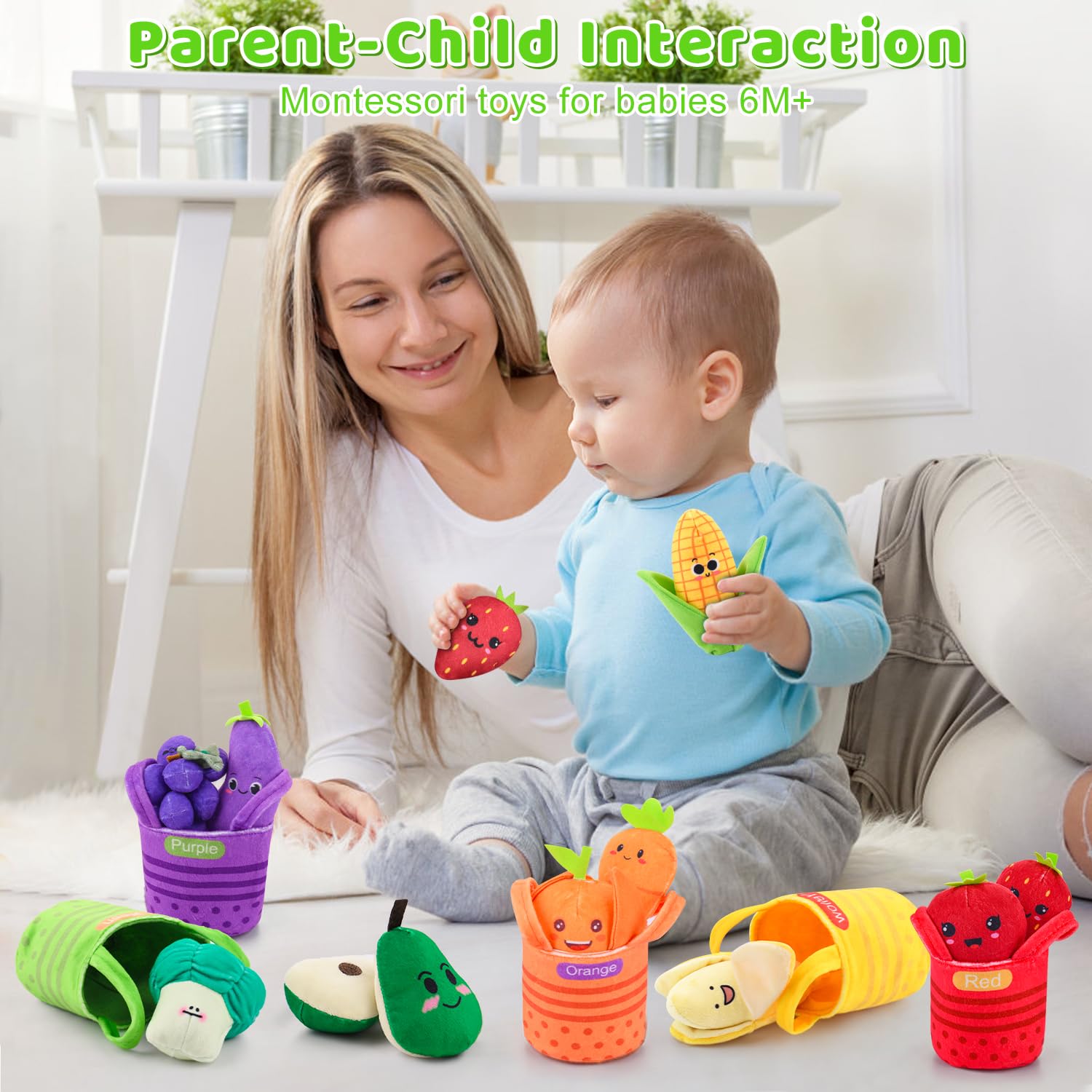 Auney color-sorting baskets support early cognitive and motor skills.