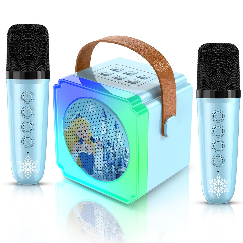 Auney karaoke machine in blue with two mics for kid-friendly sing-alongs.