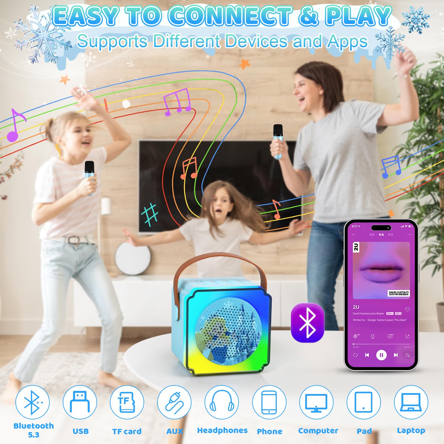 Auney karaoke device with Bluetooth 5.3 for quick pairing.