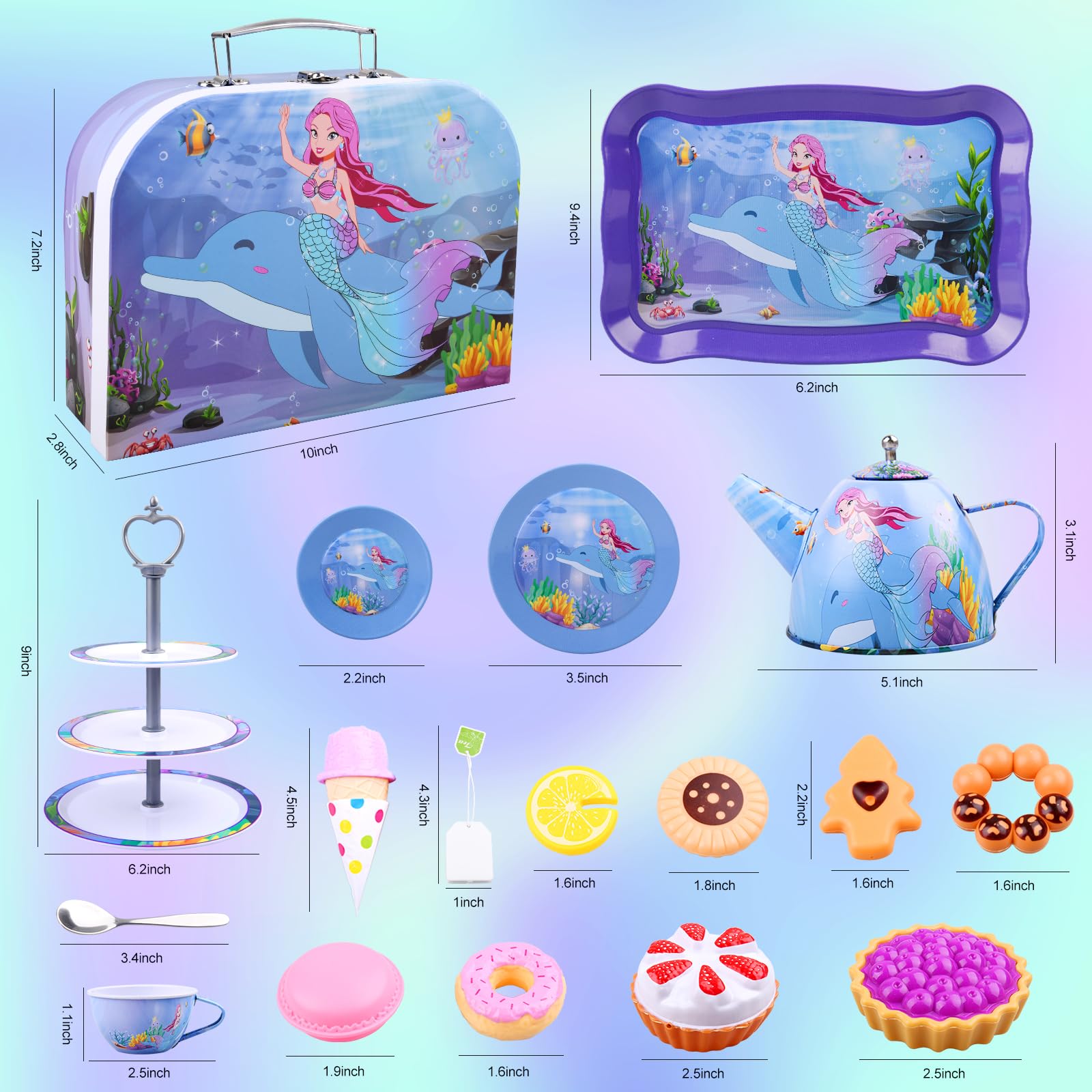 Auney Mermaid Tea Set cupcake stand focus for colorful pretend desserts