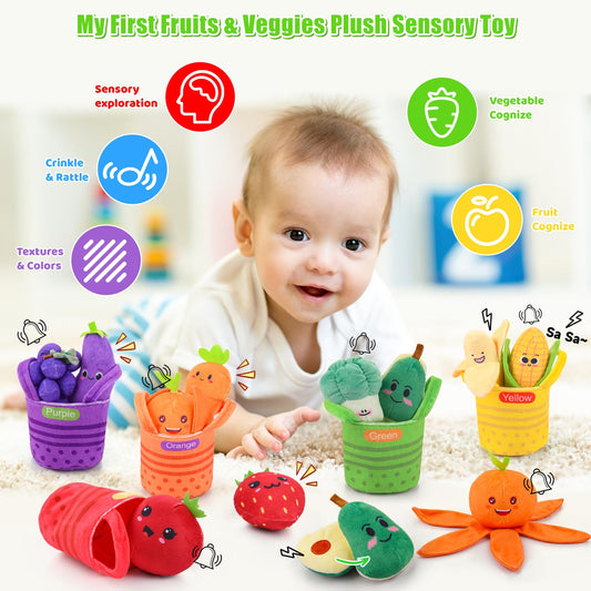 Auney plush fruits with rattles inspire tactile exploration and gentle sounds.