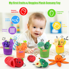Auney plush fruits with rattles inspire tactile exploration and gentle sounds.