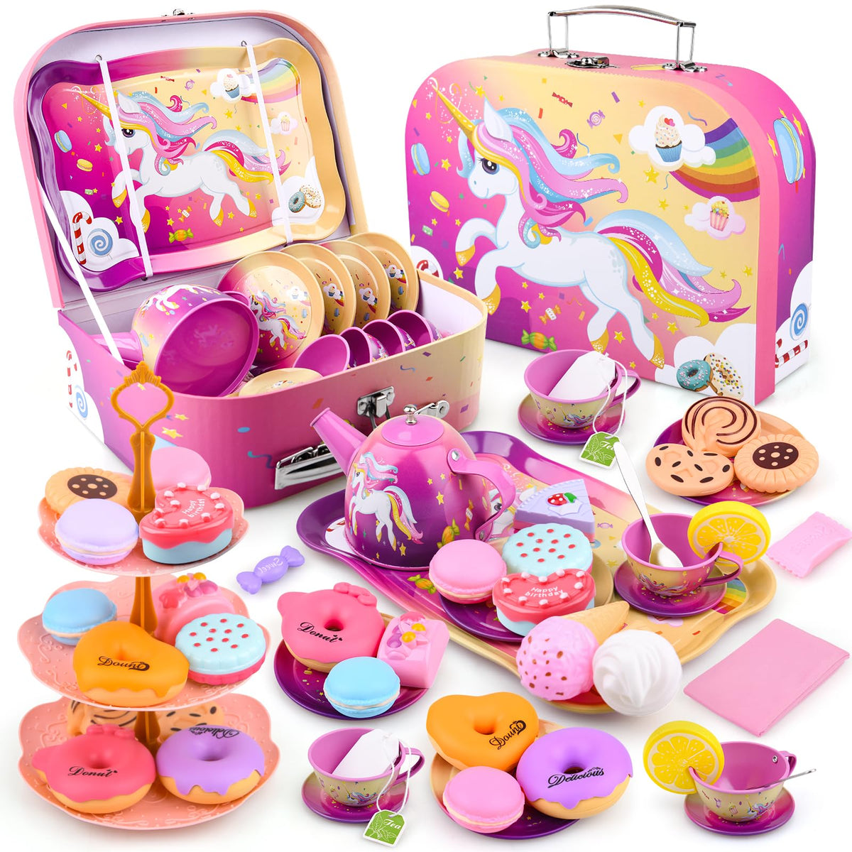 Auney tin tea pot 41-piece set supports imaginative play and social tea time.