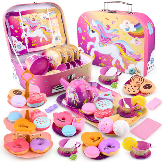 Auney tin tea pot 41-piece set supports imaginative play and social tea time.