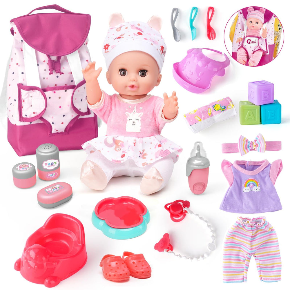 AuntyFey Baby Doll with Accessories Backpack for imaginative caregiving play