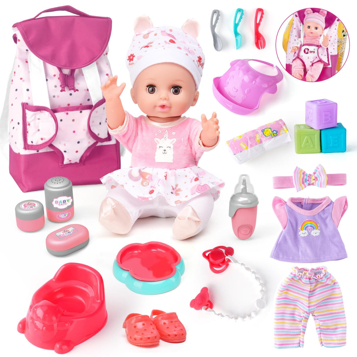 AuntyFey Baby Doll with Accessories Backpack for imaginative caregiving play
