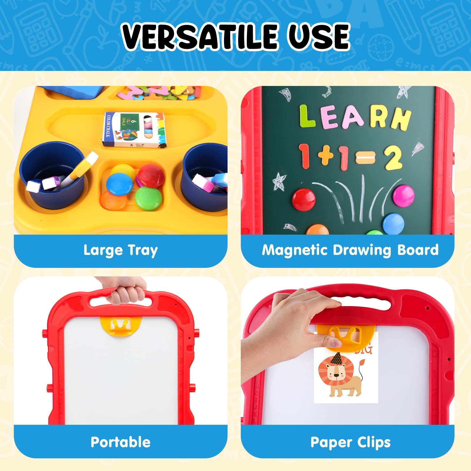 AuntyFey easel comes with chalk and marker set for versatile art.